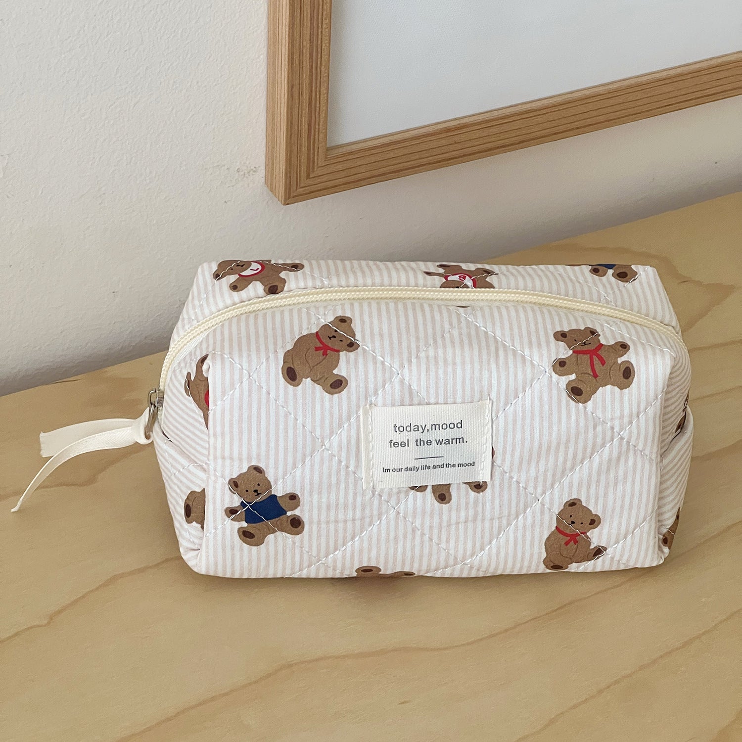 Striped Bear Large Capacity Quilted Cosmetic Bag