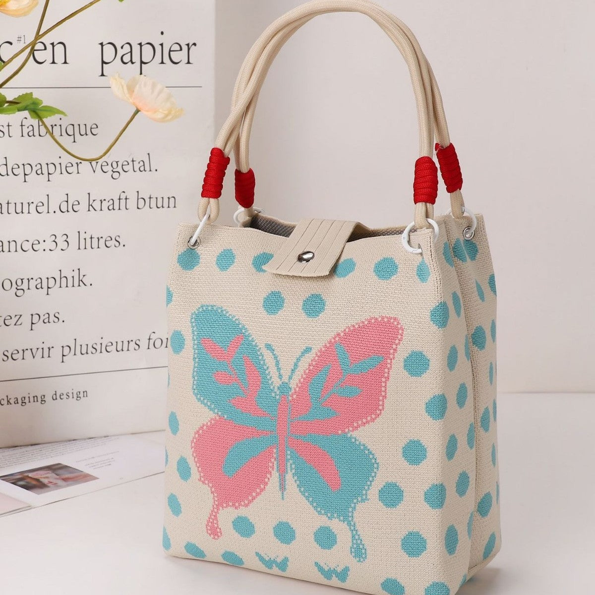 Knitted Mini Tote Bag with Button Closure