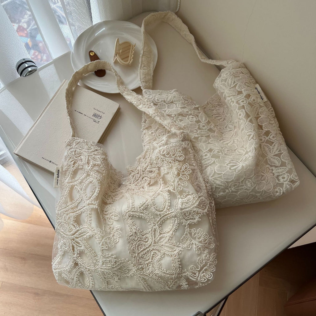 [Suxi Cloth Bag] French Lace Embroidered Gauze Cotton Bag Single Shoulder Underarm Women'S Canvas Bag Literary Simple Retro