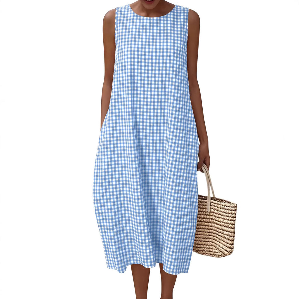 Women Pocket Loose Sleeveless Plaid Dress