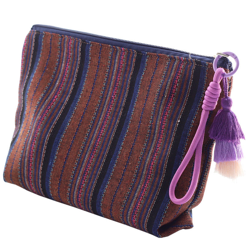 Women Colorful Stripe Tassel Handheld Ethnic Zipper Travel Pouch