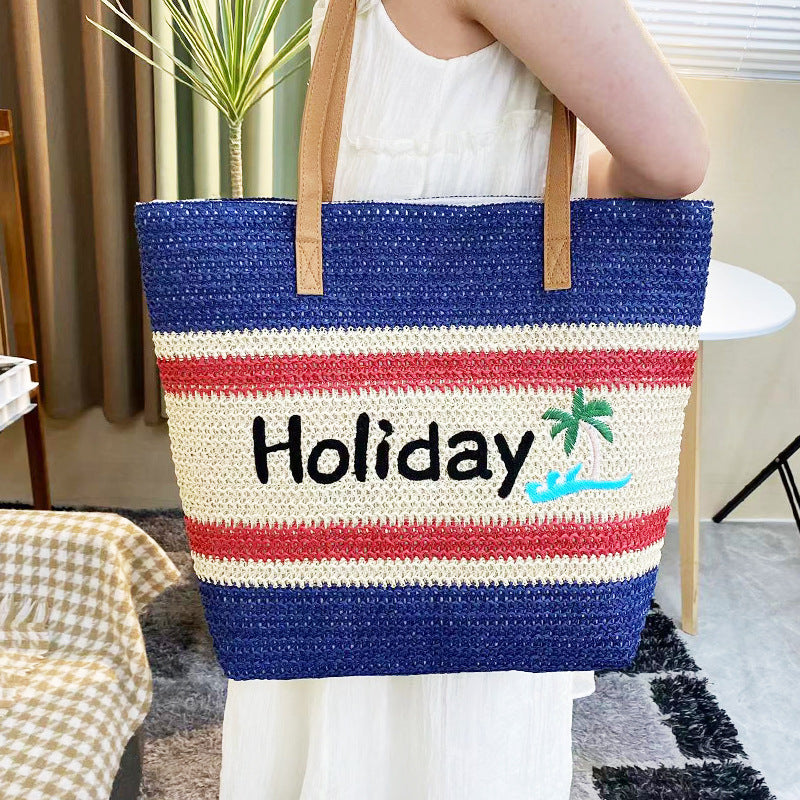 Striped Contrast Letter Embroidery Woven Beach Shoulder Bag