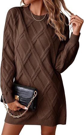 2026 European and American-Style Diamond-Pattern Knit Dress for Women—New Fall/Winter Collection: Loose-Fitting Long-Sleeve Sweater Dress, Fashionable Short Dress
