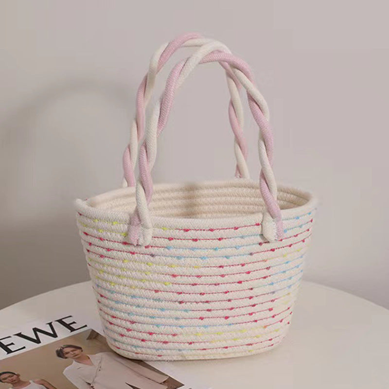 Retro Striped Cotton Woven Straw Detail Vacation Beach Handheld Basket Bag