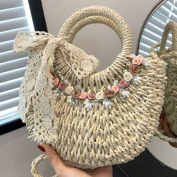 Fresh Floral Woven 2026 New Beach Shoulder Handheld Straw Bag
