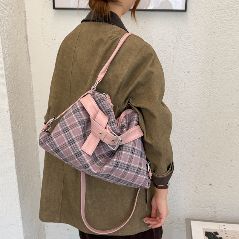 Vintage Plaid Handbag with Buckle Detail and Convertible Crossbody Strap