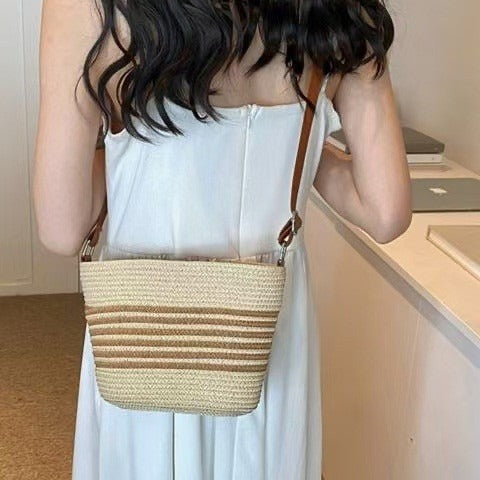 Women Striped Straw New Fresh Minimalist Woven Vacation Beach Bag