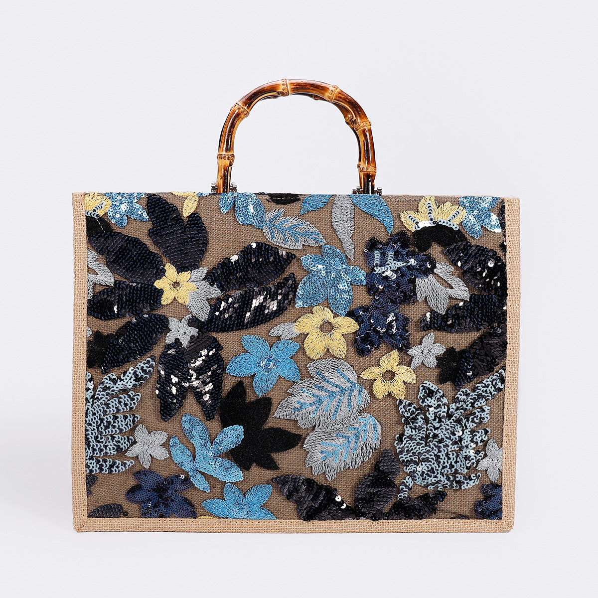 Women Bamboo Woven Straw Tote Bag, Sequin Large Capacity Handbag