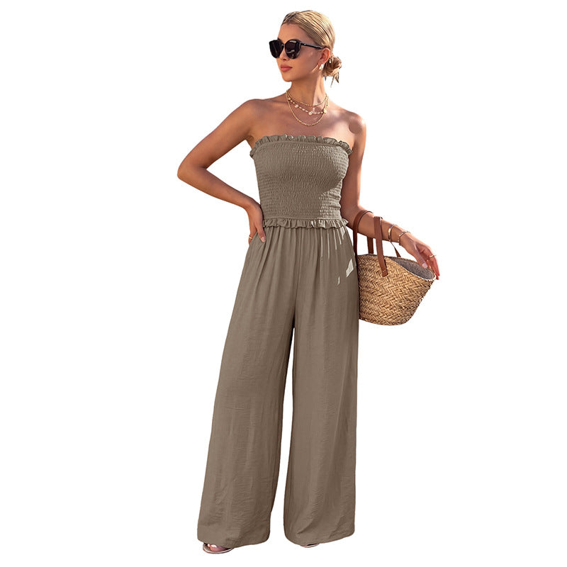 2026 Summer New Minimalist Relaxed Brown Textured Strapless Wide Leg Jumpsuit