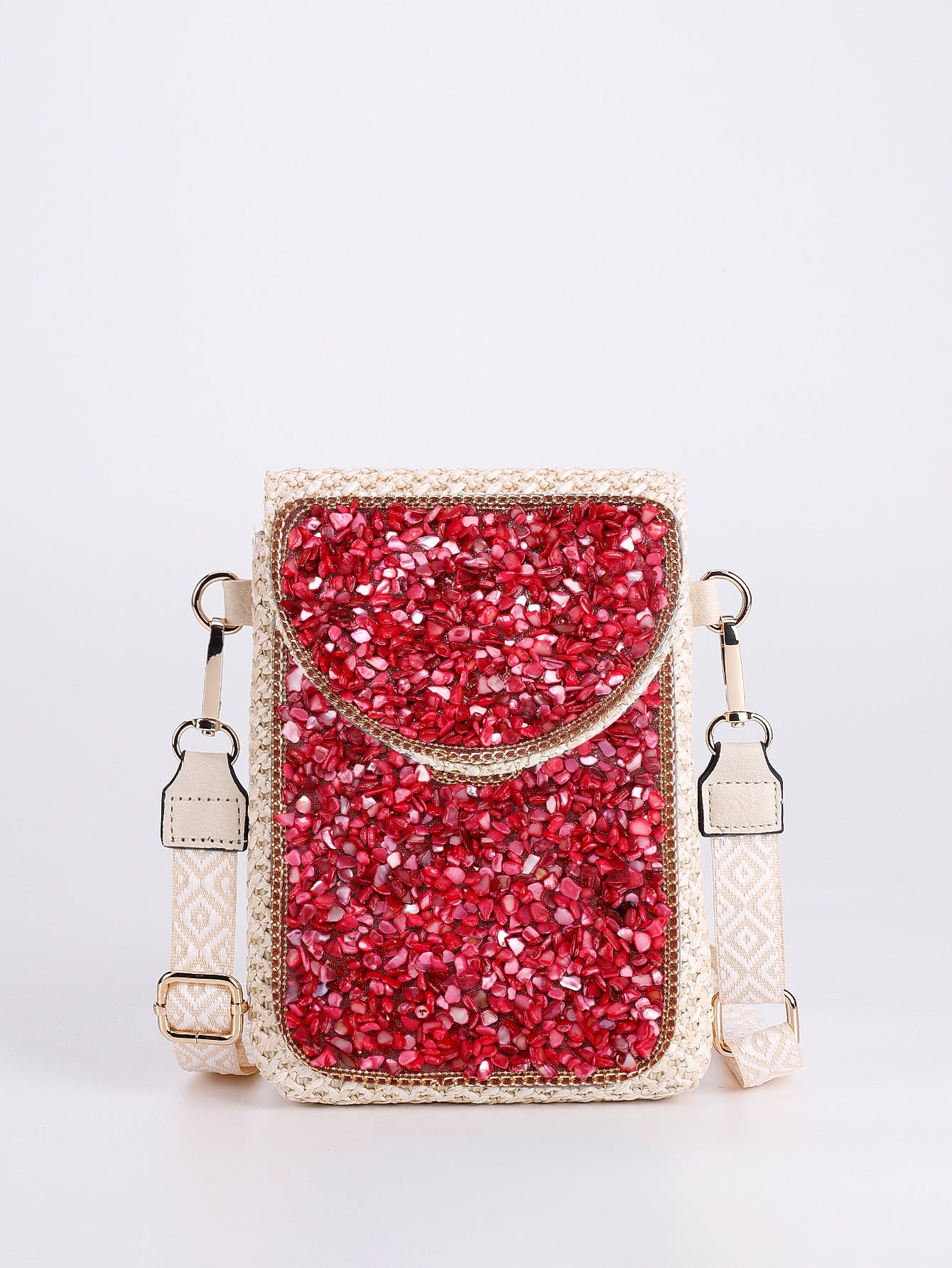 Women Luxury Straw Crossbody Bag, Fashion Beaded Woven Phone Shoulder Bag