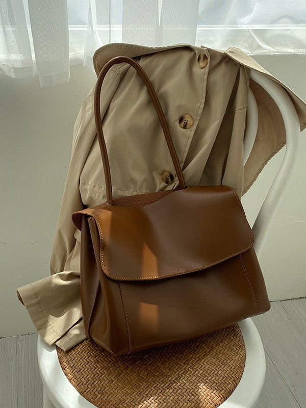 Minimalist Flap Large Vegan Leather Tote Shoulder Bag
