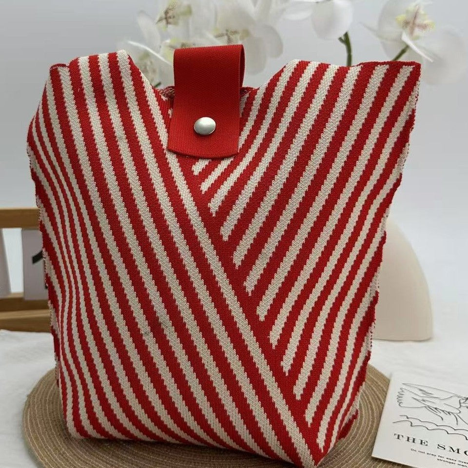 Retro Floral Knitted Snap Closure Tote Bag