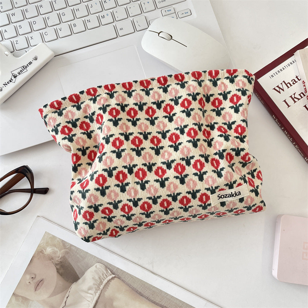 Corduroy Retro Flower Portable Cosmetic Bag