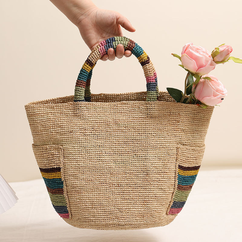 Women Premium Raffia Handheld Straw New Colorful Woven Beach Bag