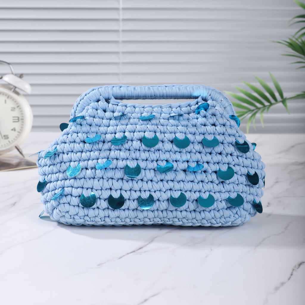 Boho Handwoven Sequin Crochet Top Handle Clutch Bag