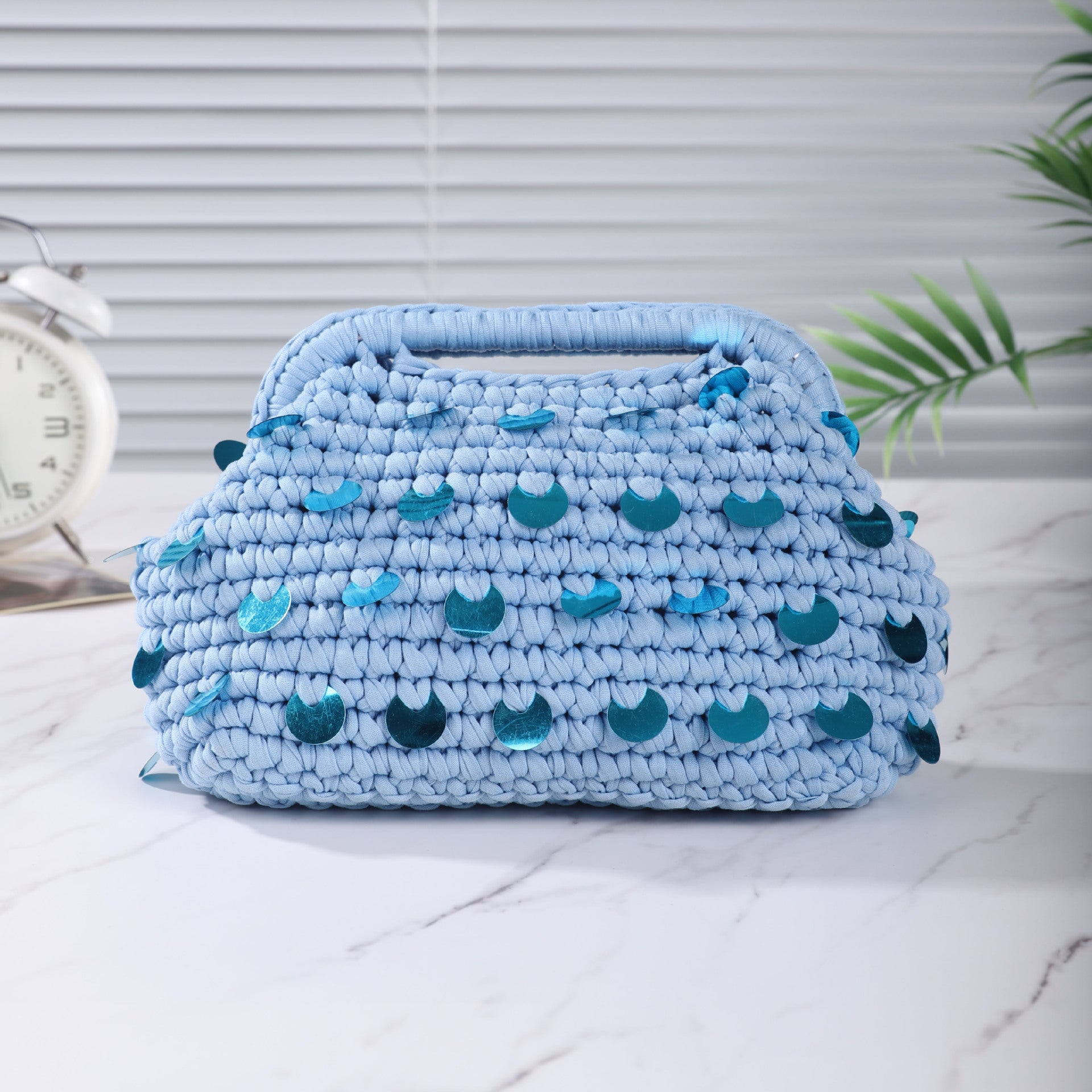 Boho Handwoven Sequin Crochet Top Handle Clutch Bag