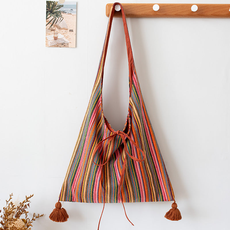 Original Ethnic Textured Striped Canvas Shoulder School Bag