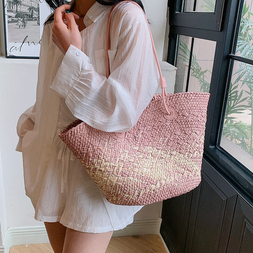 Colorful Large Straw Minimalist Handheld Natural Hollow Woven Beach Bag