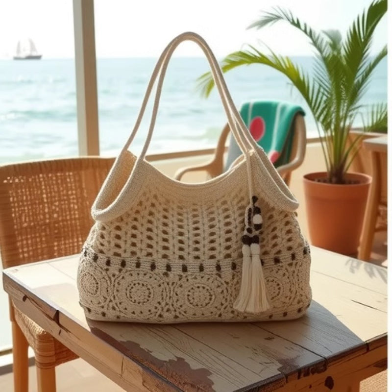 Wooden Beads Tassel Cotton Woven Hollow Straw Beach Bag