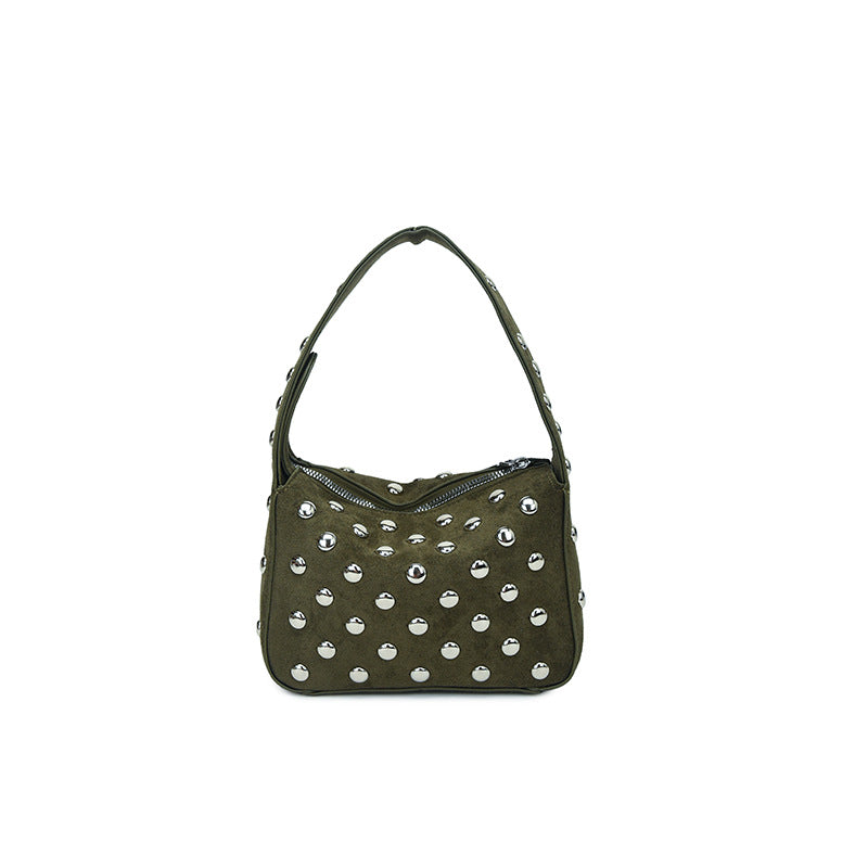 Suede Studded Shoulder Bag with Sleek Zipper Closure