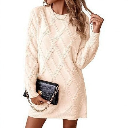 2026 European and American-Style Diamond-Pattern Knit Dress for Women—New Fall/Winter Collection: Loose-Fitting Long-Sleeve Sweater Dress, Fashionable Short Dress
