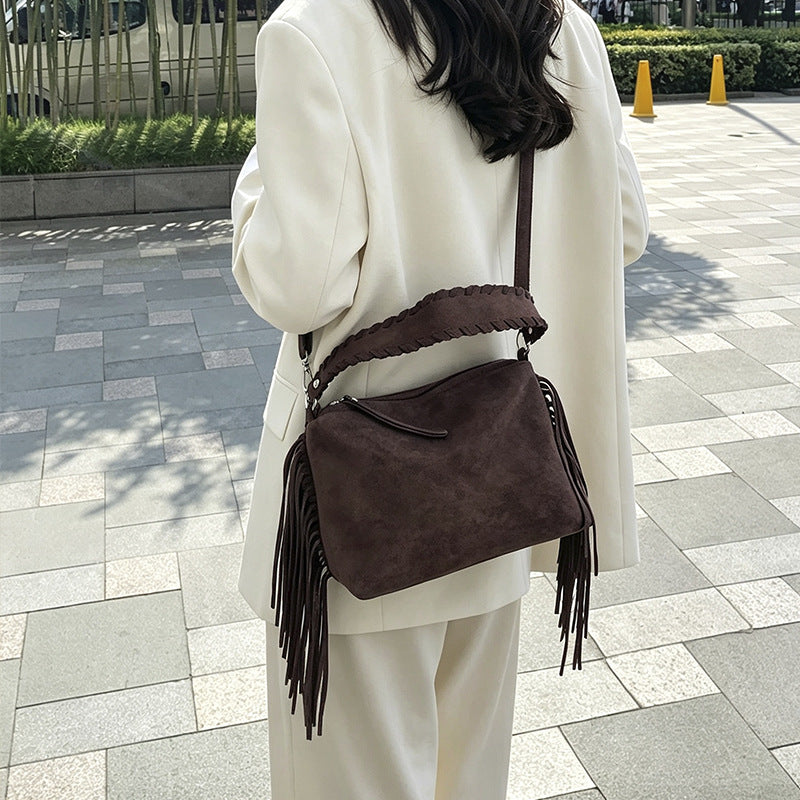 Vintage Faux Suede Fringe Hobo Shoulder Bag with Braided Strap