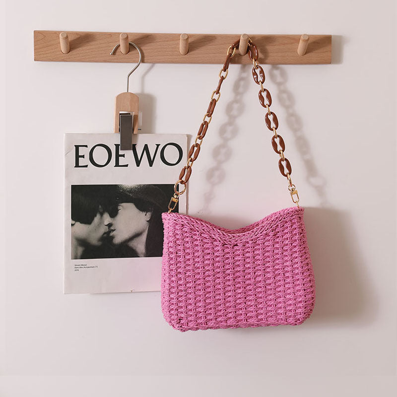 Women Purple Straw Woven Shoulder Solid Beach Tote Bag