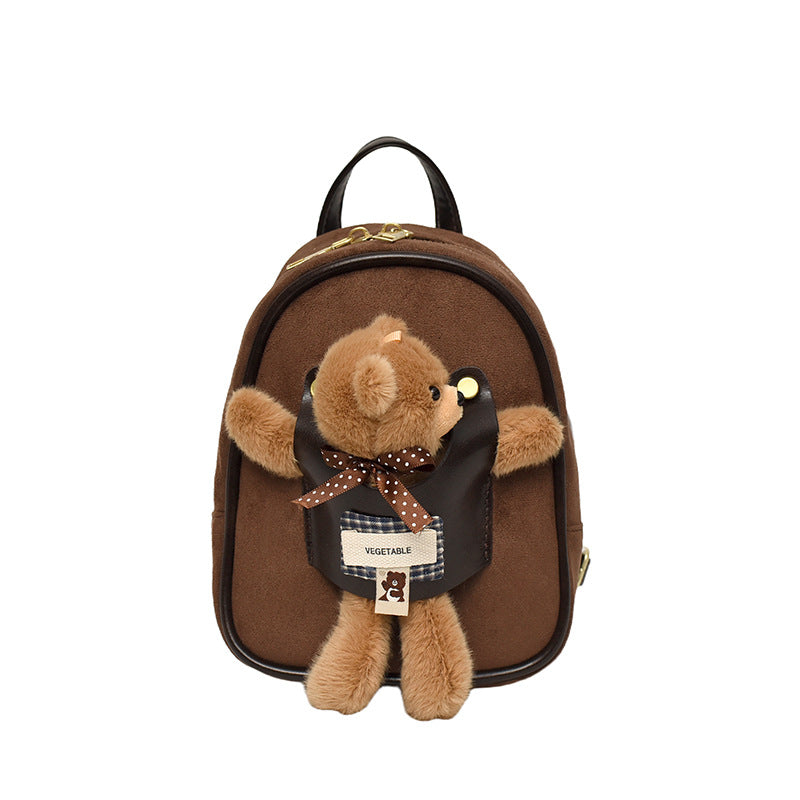 Mini Suede Backpack with Cute Plush Bear