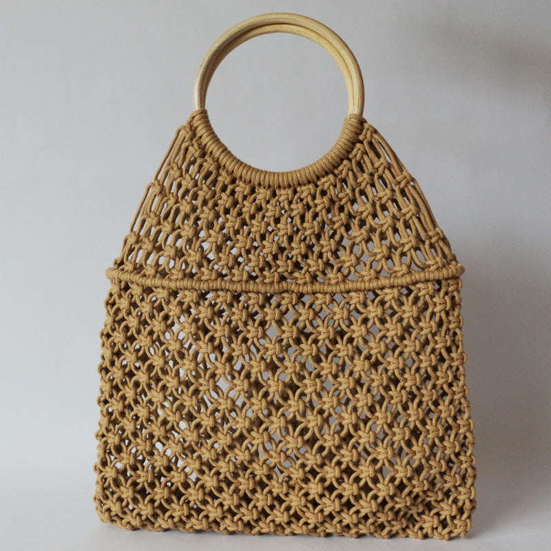 Round Rattan Handle Hollow Cotton Net Beach Bag