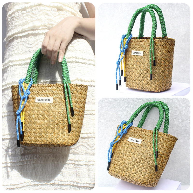 Handmade Colorful Straw Woven Beach Basket Bag