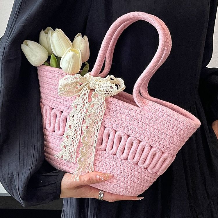 Women Bow Straw Woven Bucket Shoulder Tote Bag