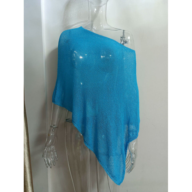2025 Design Irregular Cape Shawl Sun Protection Shirt Women'S Season Loose Lazy Thin Ice Silk Knitted Sweater Top