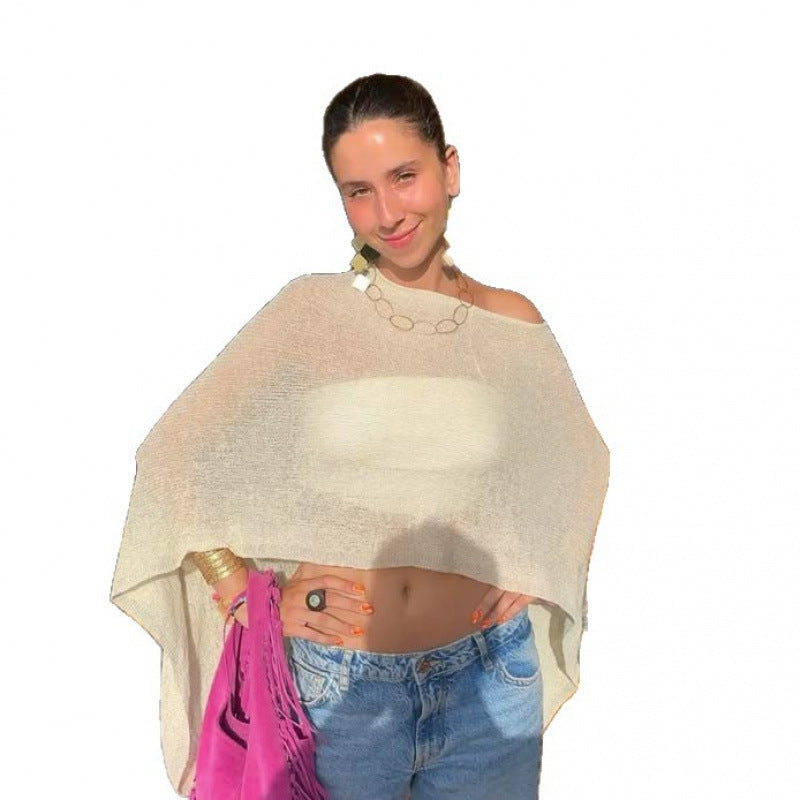 2025 Design Irregular Cape Shawl Sun Protection Shirt Women'S Season Loose Lazy Thin Ice Silk Knitted Sweater Top