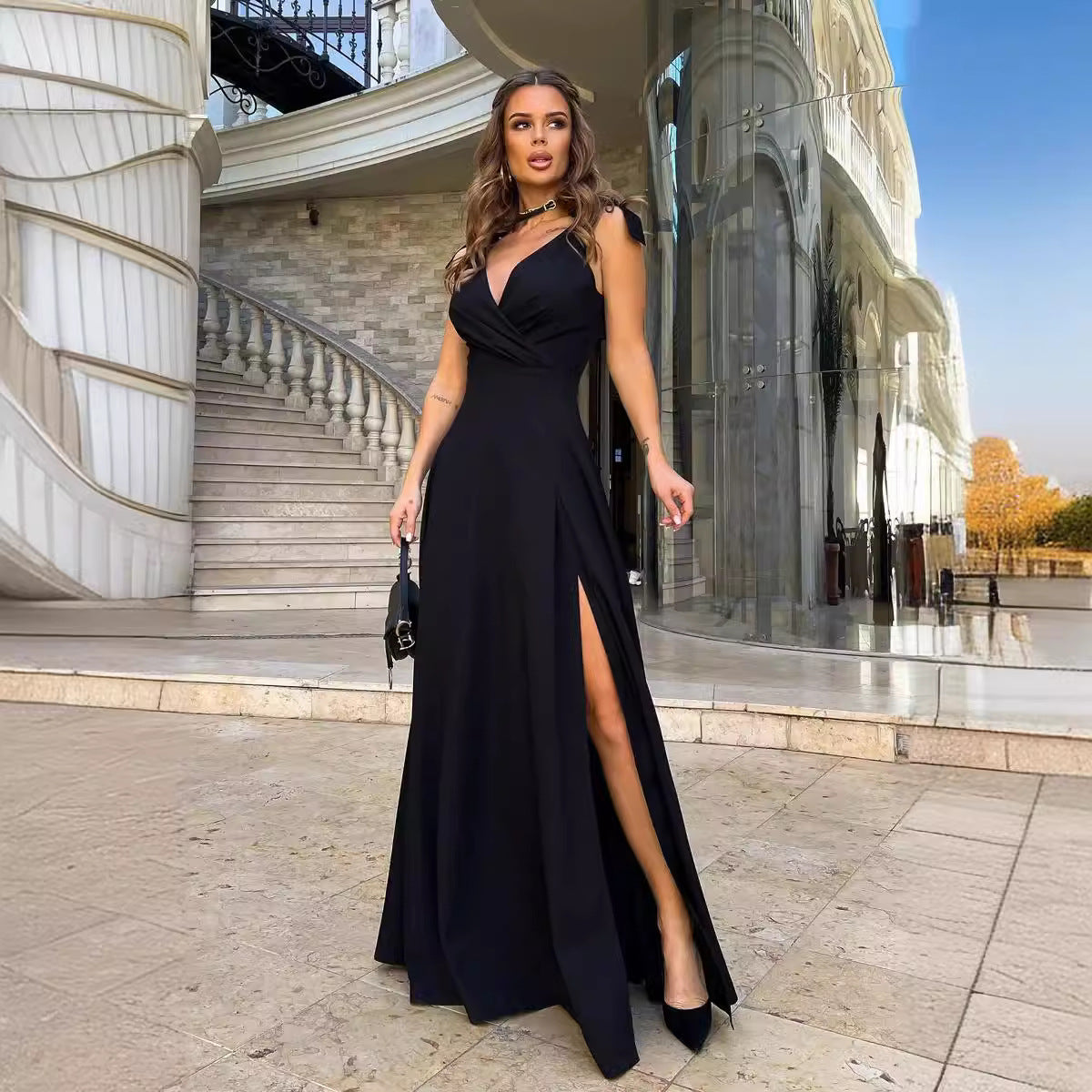 Women Solid Color Extended Evening Dress