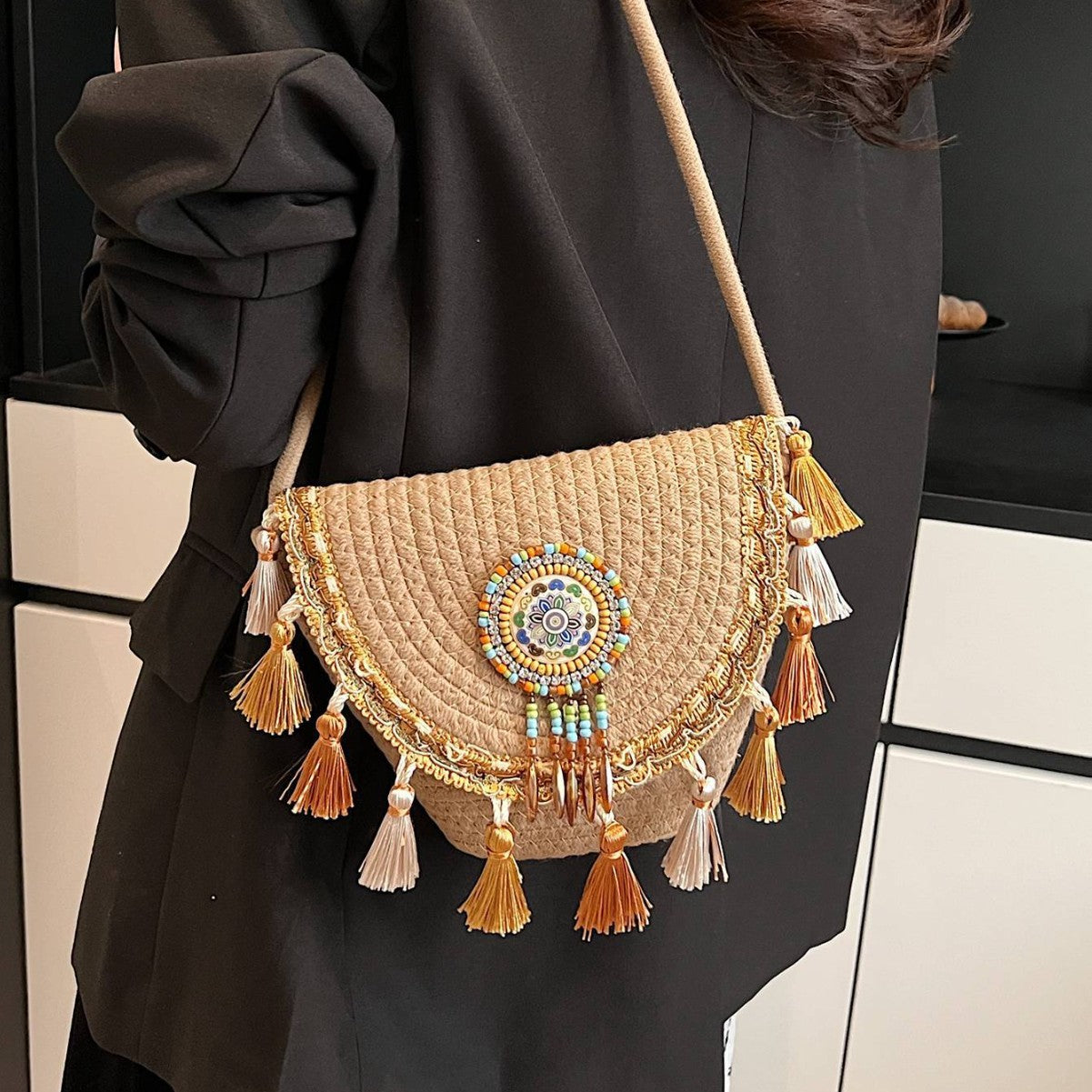 Women Bohemian Tassel 2026 New Ethnic Woven Beach Crossbody Phone Bag