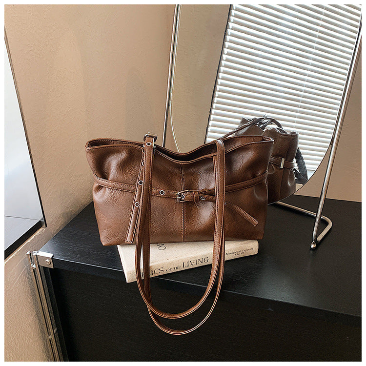 PU Leather Shoulder Tote Bag with Chic Belted Details