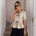 Women 2026 Summer Bow Tie Pullover Color Block Short Sleeve Blouse Top