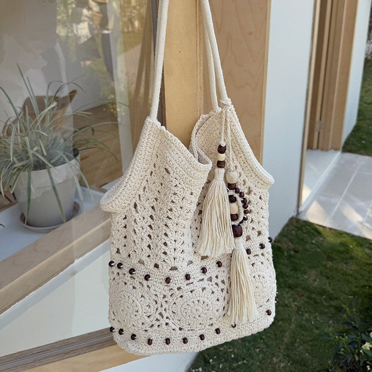 Wooden Beads Tassel Cotton Woven Hollow Straw Beach Bag