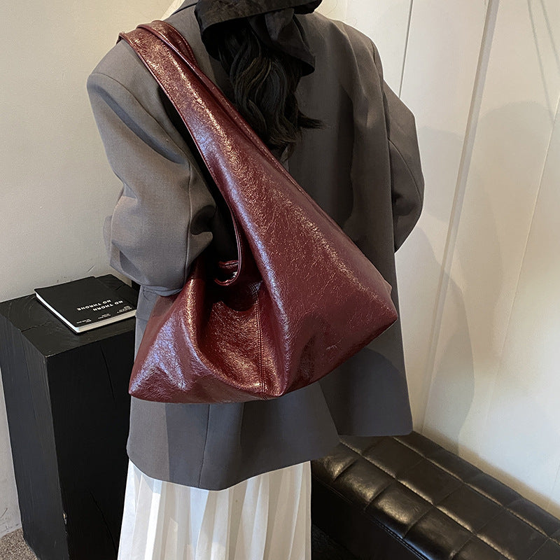 Glossy Wide Strap Hobo Shoulder Bag