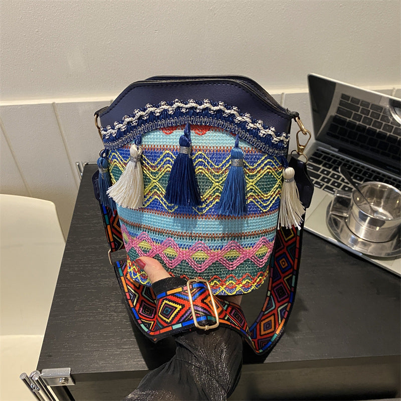 High-End Ethnic Woven Bucket Shoulder Bag