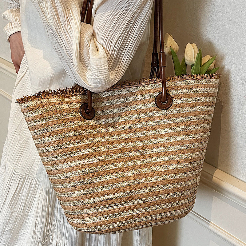 Women Unique Woven Large Striped Handheld Rustic Beach Bag