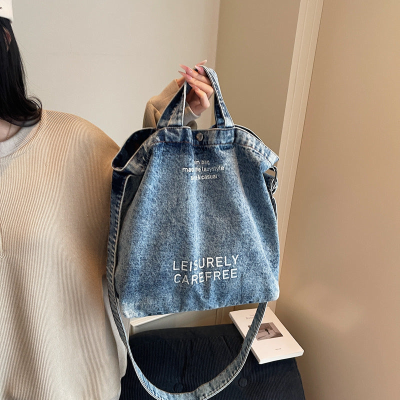 Cross-Border Denim Bag For Women 2025 New Fashion Letter Shoulder Crossbody Bag Large Capacity Commuter Tote Bag