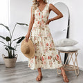Women Summer Sleeveless Lace V Neck Floral Elegant Dress