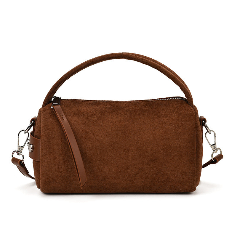 Vintage Faux Suede Mini Boston Handbag with Detachable Strap