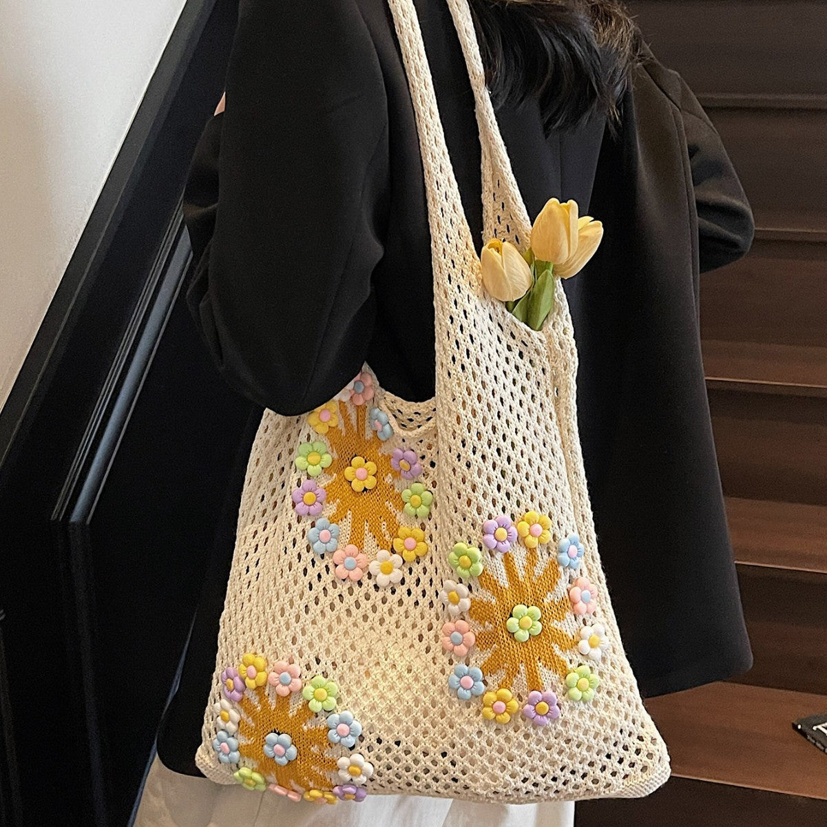 Women New Forest Fresh Hollow Knit Large Artistic Beach Shoulder Bag