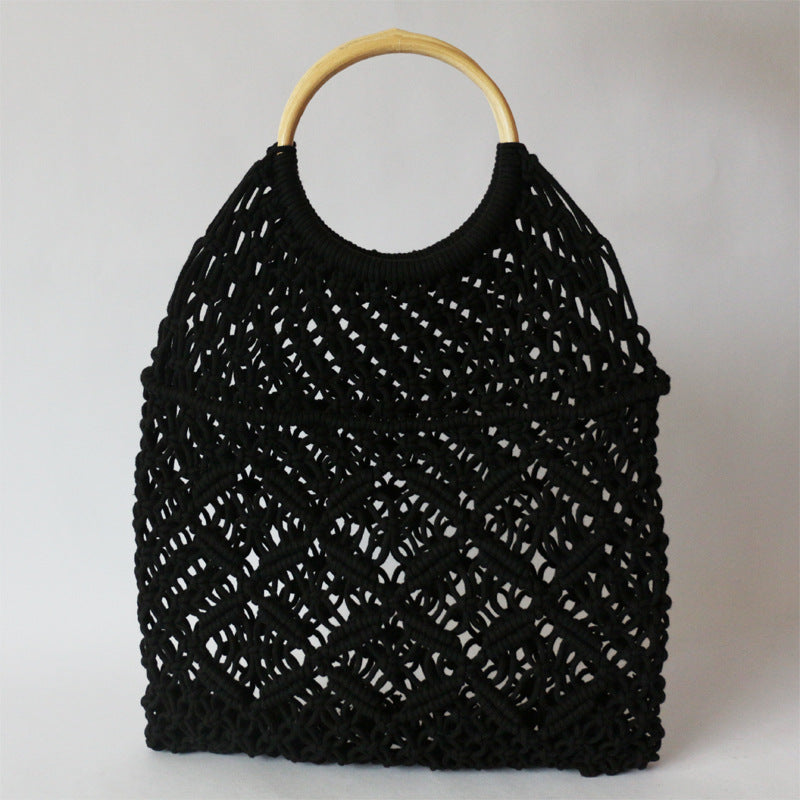 Round Rattan Handle Hollow Cotton Net Beach Bag