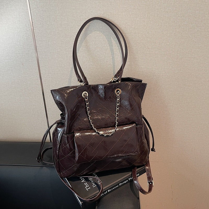 Glossy Quilted Convertible Backpack Tote Bag with Chain Detail