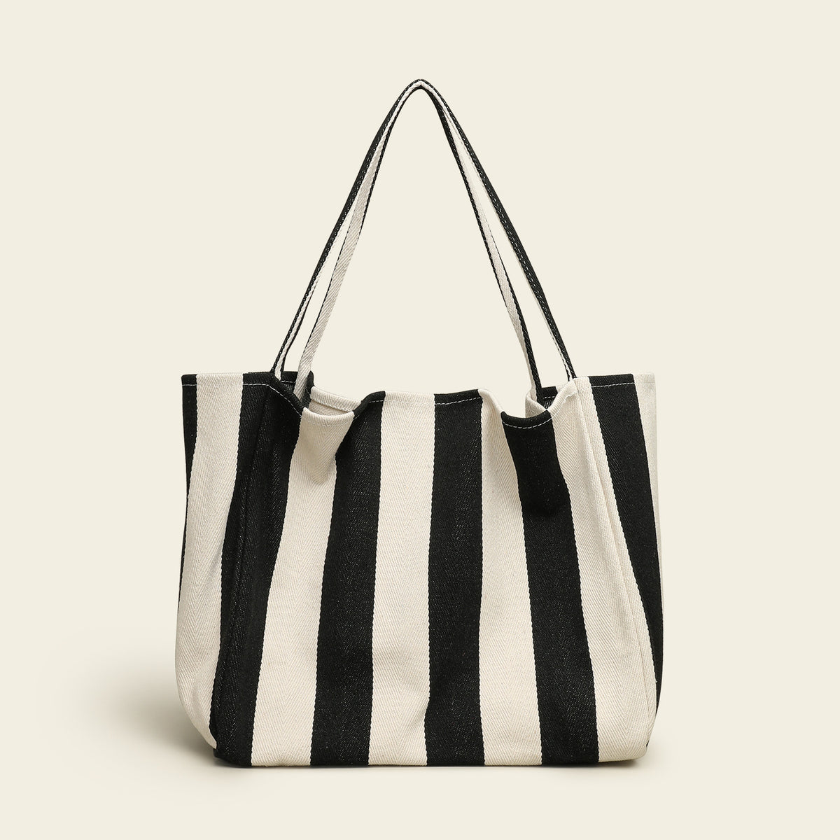 Contrast Stripe Large Capacity Soft Canvas Tote Bag