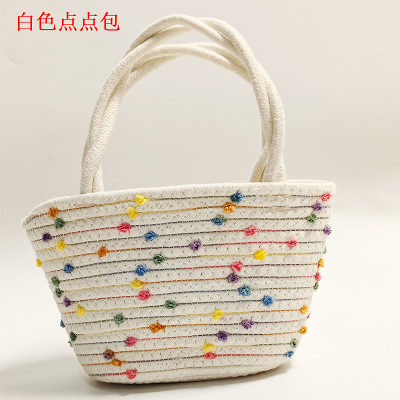 Retro Striped Cotton Woven Straw Detail Vacation Beach Handheld Basket Bag