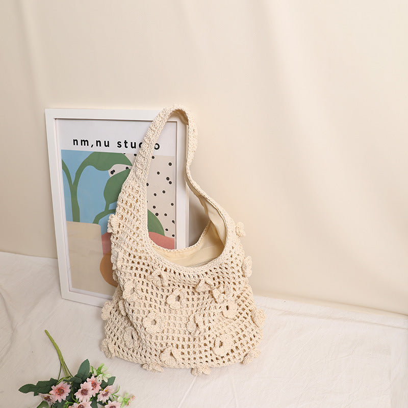 Large Capacity Flower Cotton Woven Straw Beach Bag